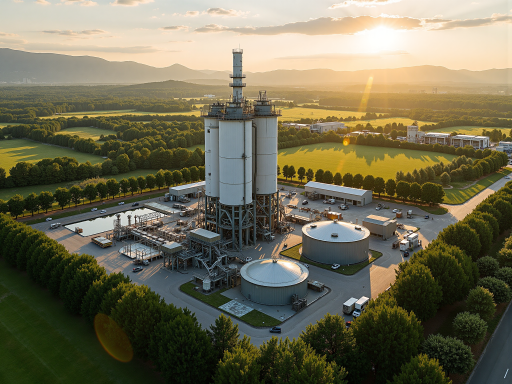 台塑宁波公司标志，现代化化工园区，绿色植被环绕，工业环境