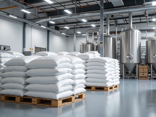 白色塑料助剂母粒，装在密封袋中，标签清晰，工厂环境