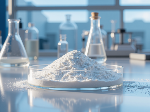 白色颗粒状塑料原料，装在透明容器中，颗粒均匀，光泽度好，实验室环境