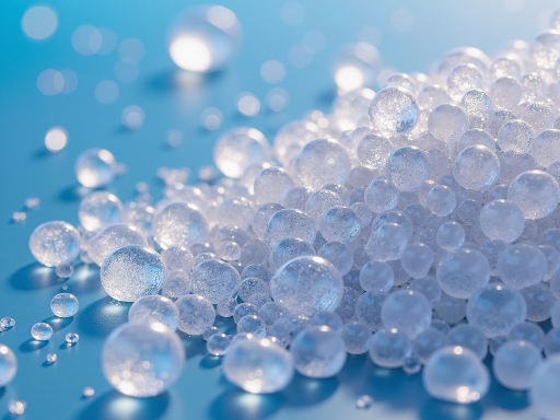 透明颗粒状塑料原料，装在白色袋子中，颗粒清晰可见，工厂仓库环境