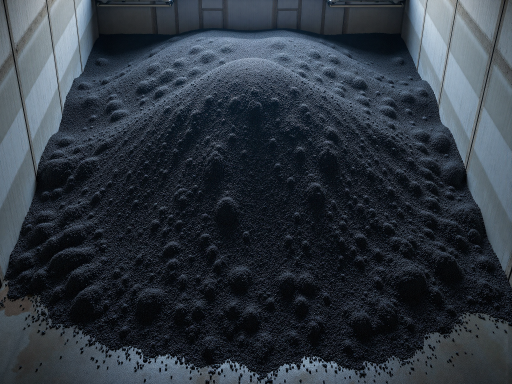 黑色颗粒状塑料原料，装在蓝色托盘上，颗粒饱满，工业环境