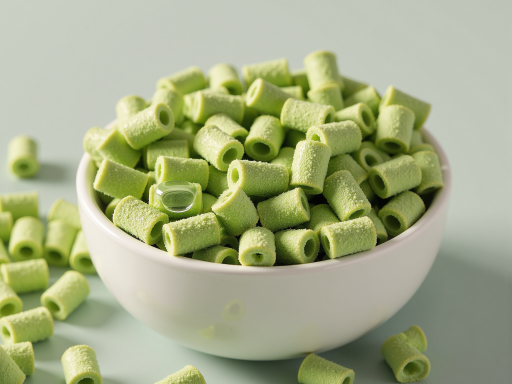 回收塑料颗粒，多种颜色混合，装在透明容器中，环保标识，绿色背景