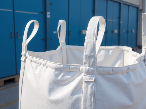 深灰色再生塑料颗粒，装在白色编织袋中，环保标志，工厂车间环境